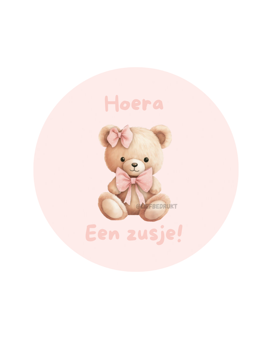 Ronde vinyl sticker – “Hoera, een zusje!”