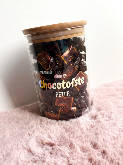 Gevulde snoeppot 800ml 'Voor de chocotofste ...'