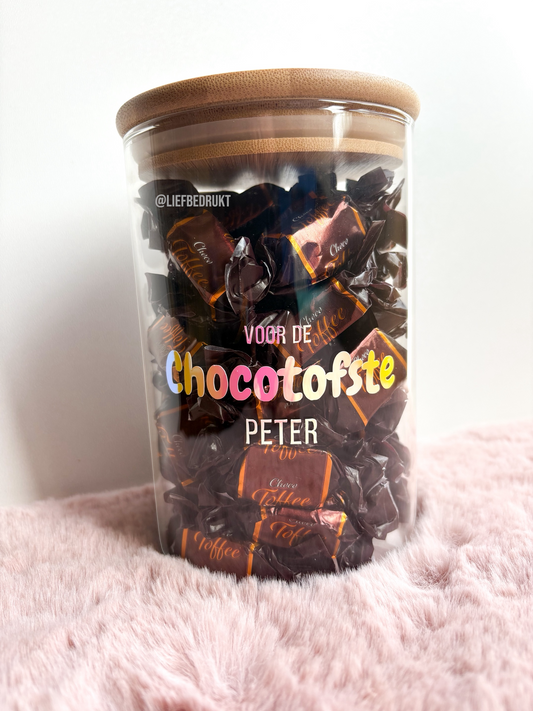 Gevulde snoeppot 800ml 'Voor de chocotofste ...'